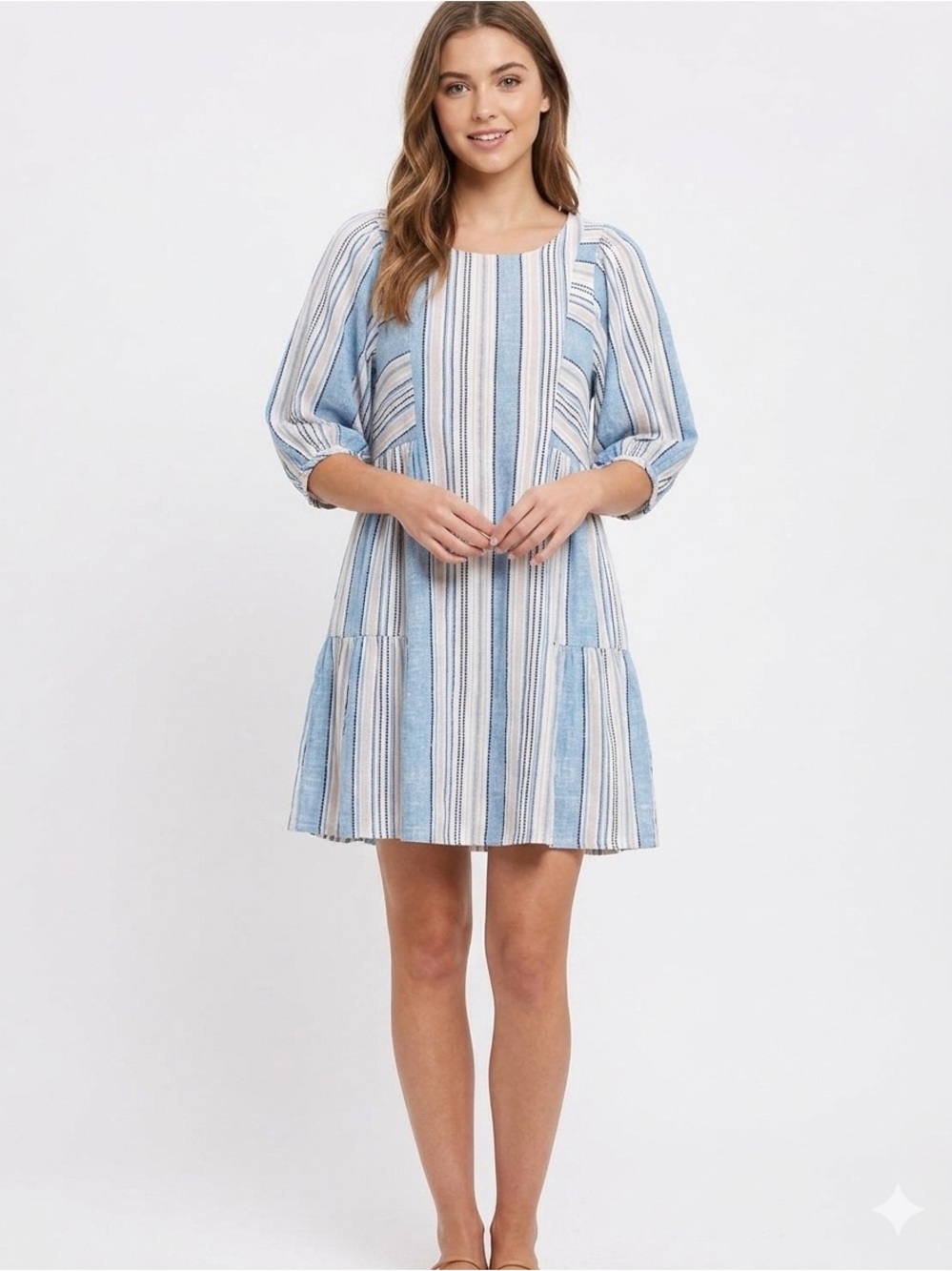 Ava James NWOT Linen Striped Blue and White Boho Beachy Dress